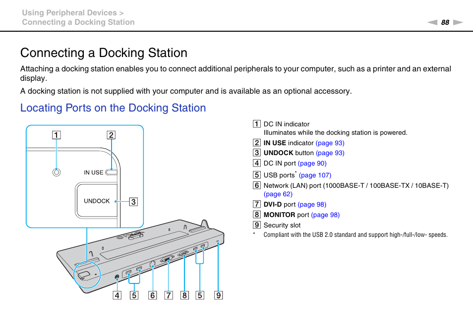 Connecting a docking station, Locating ports on the docking station | Sony VPCB1190X User Manual | Page 88 / 198