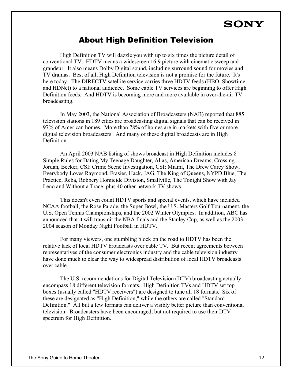 About high definition television | Sony Home Theater User Manual | Page 12 / 51
