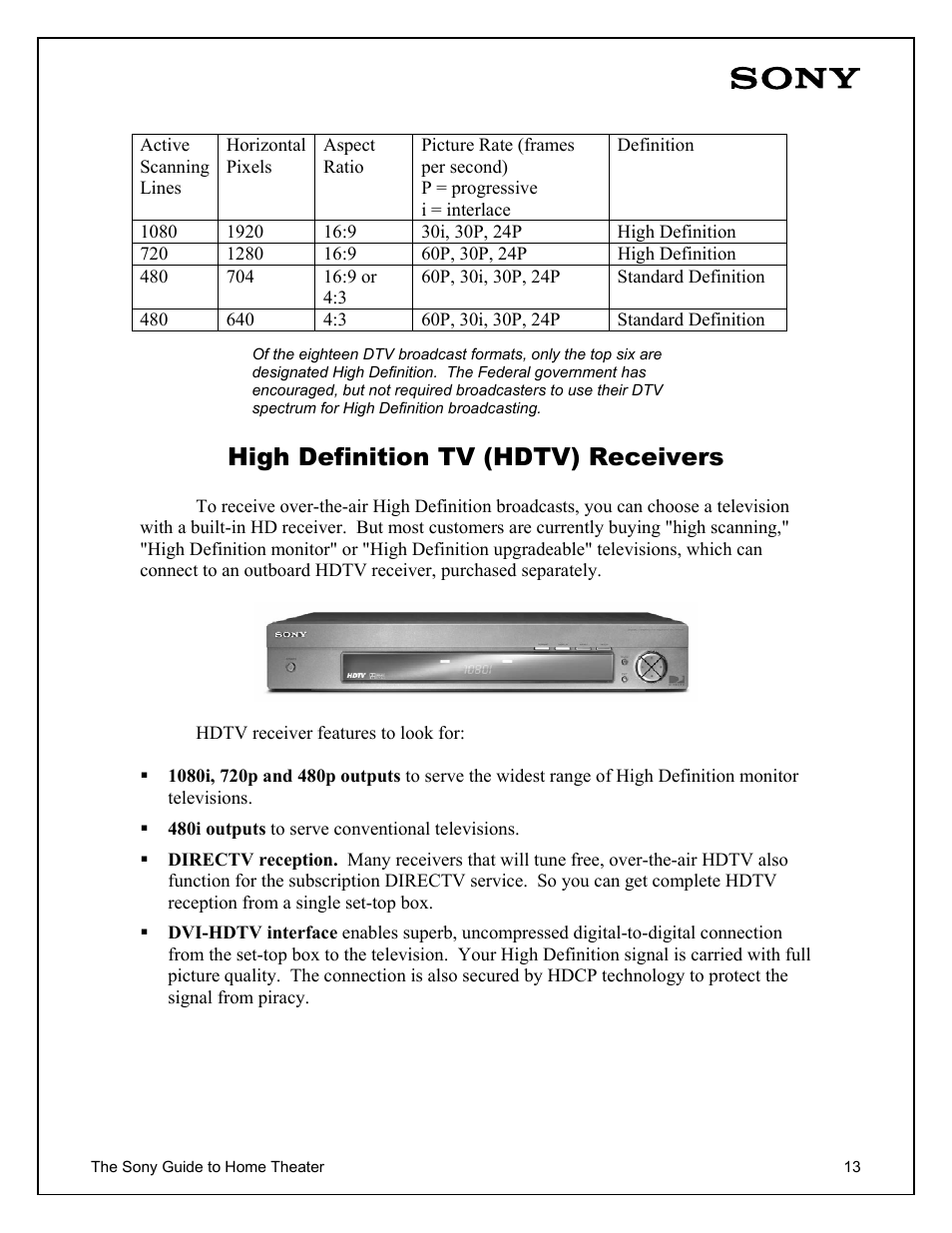 High definition tv (hdtv) receivers | Sony Home Theater User Manual | Page 13 / 51