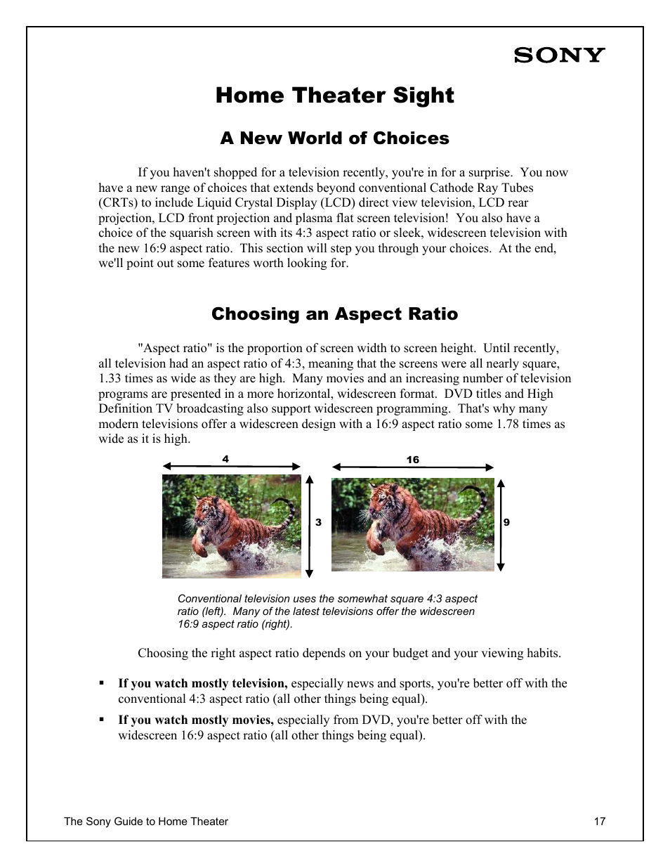 Home theater sight, A new world of choices, Choosing an aspect ratio | Sony Home Theater User Manual | Page 17 / 51