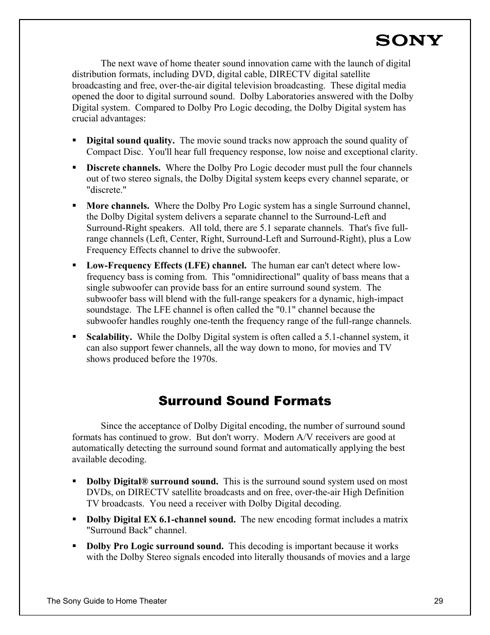 Surround sound formats | Sony Home Theater User Manual | Page 29 / 51