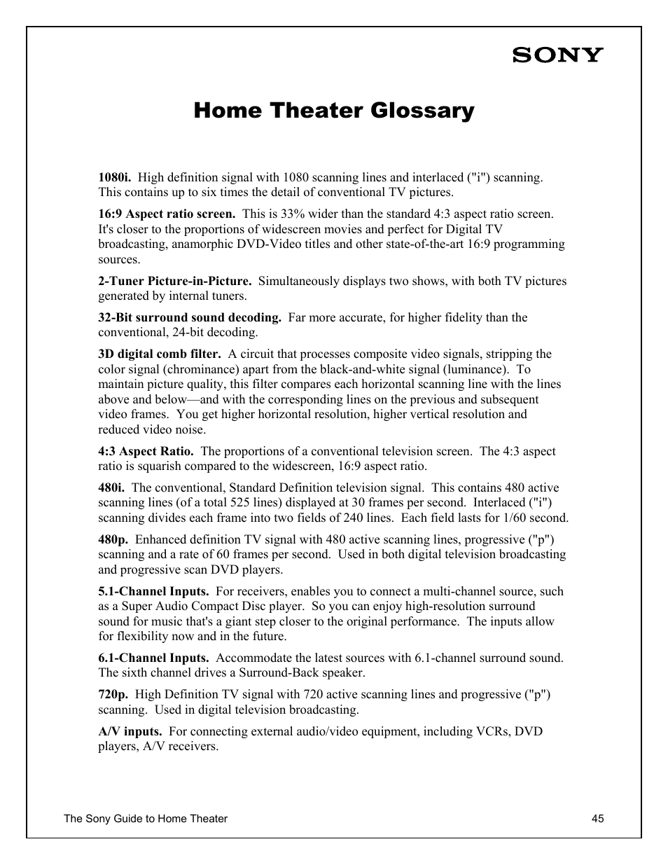 Home theater glossary | Sony Home Theater User Manual | Page 45 / 51