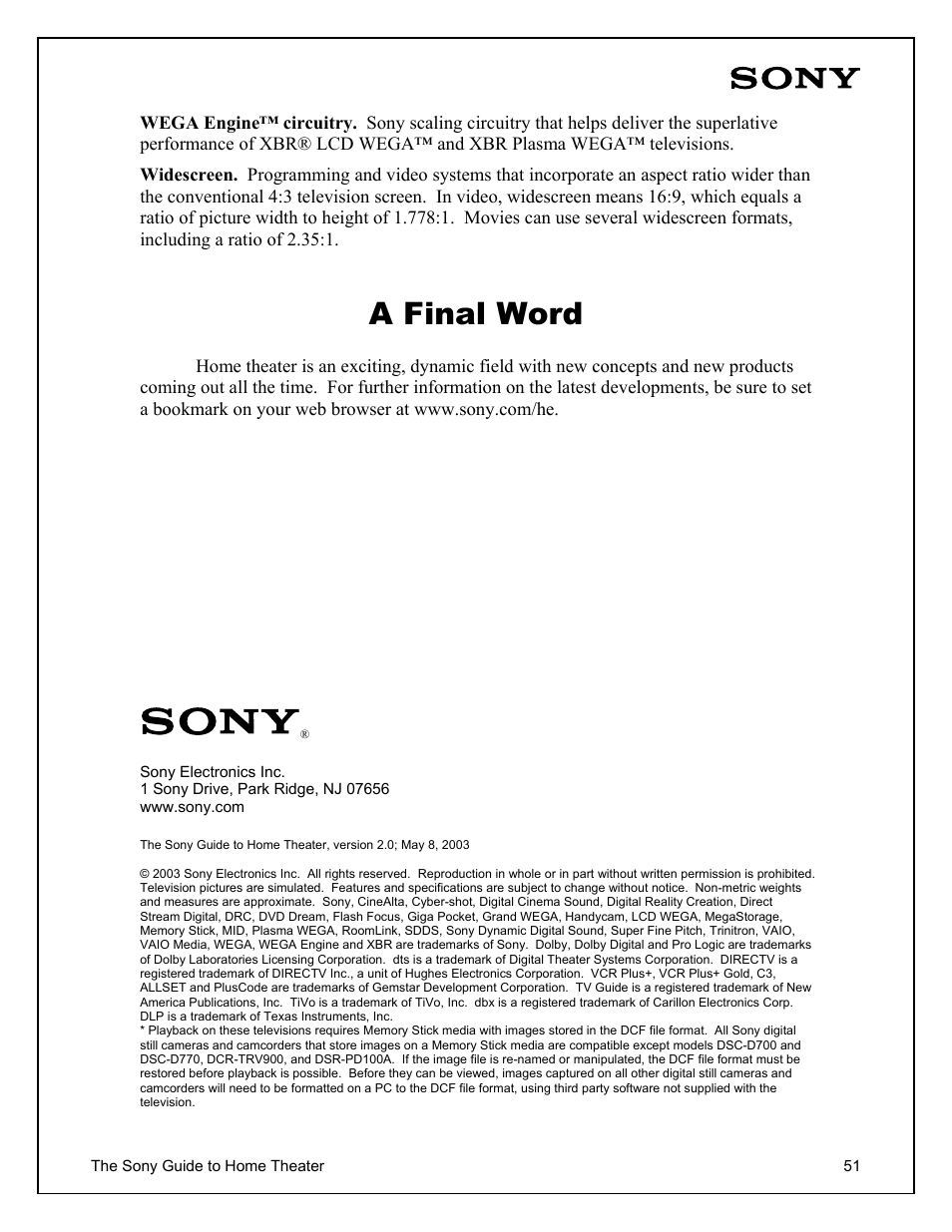 A final word | Sony Home Theater User Manual | Page 51 / 51