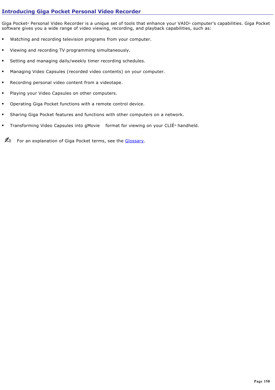 Introducing giga pocket personal video recorder | Sony VGN-A170 User Manual | Page 158 / 315