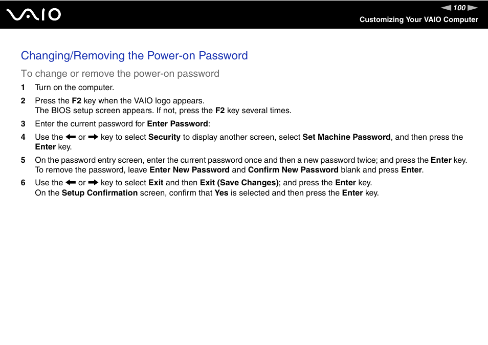 Changing/removing the power-on password | Sony VGN-FS775P User Manual | Page 100 / 179