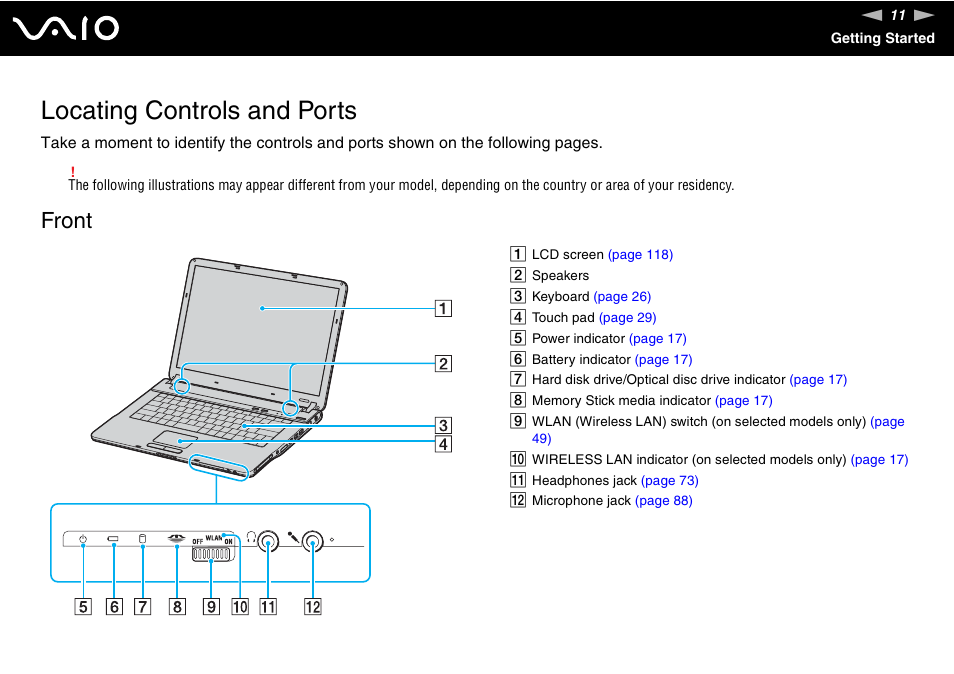 Locating controls and ports, Front | Sony VGN-FS775P User Manual | Page 11 / 179