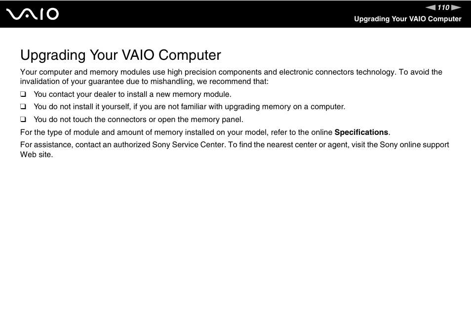 Upgrading your vaio computer | Sony VGN-FS775P User Manual | Page 110 / 179