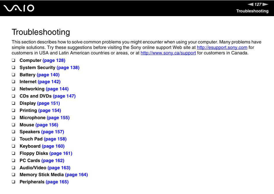 Troubleshooting | Sony VGN-FS775P User Manual | Page 127 / 179