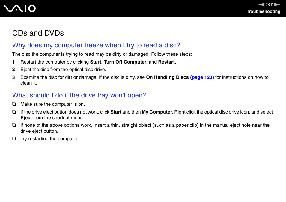 Cds and dvds, What should i do if the drive tray won't open | Sony VGN-FS775P User Manual | Page 147 / 179