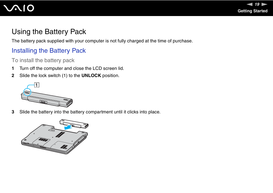 Using the battery pack, Installing the battery pack | Sony VGN-FS775P User Manual | Page 19 / 179
