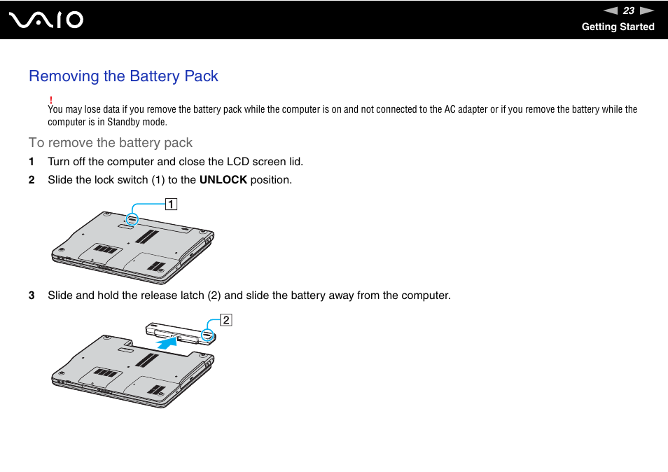 Removing the battery pack | Sony VGN-FS775P User Manual | Page 23 / 179