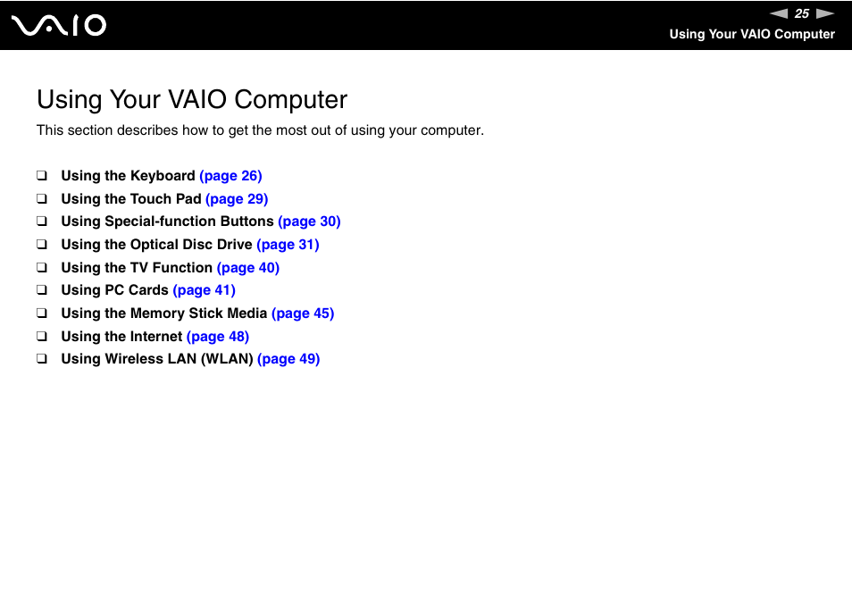 Using your vaio computer | Sony VGN-FS775P User Manual | Page 25 / 179