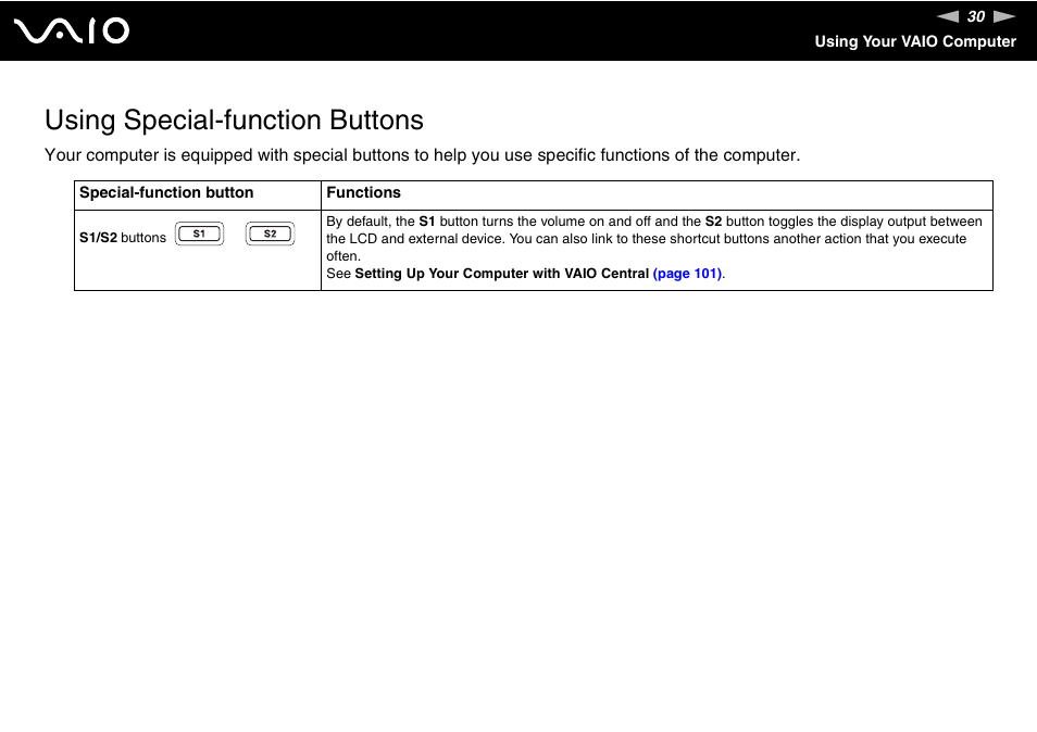 Using special-function buttons | Sony VGN-FS775P User Manual | Page 30 / 179