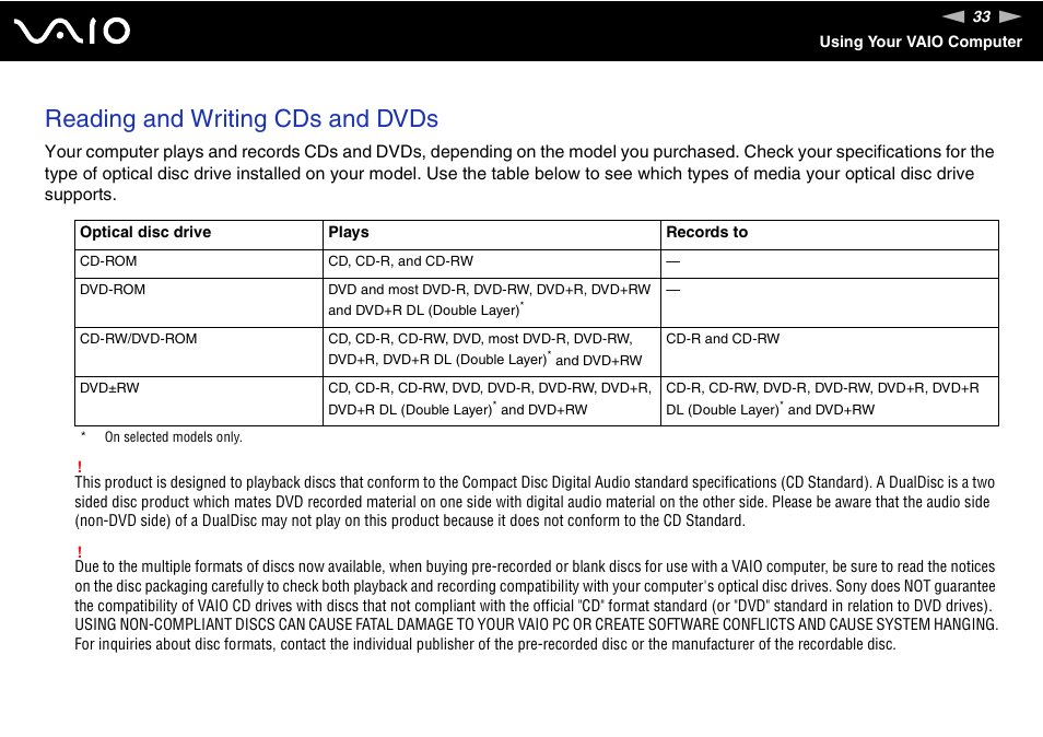 Reading and writing cds and dvds | Sony VGN-FS775P User Manual | Page 33 / 179