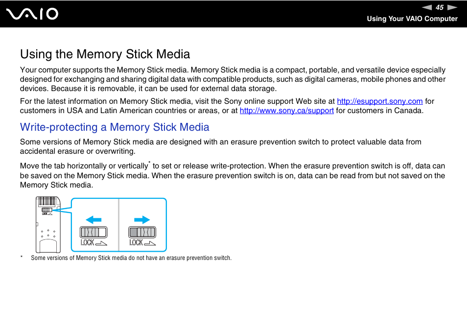 Using the memory stick media | Sony VGN-FS775P User Manual | Page 45 / 179