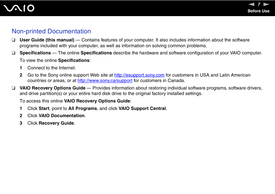 Non-printed documentation | Sony VGN-FS775P User Manual | Page 7 / 179