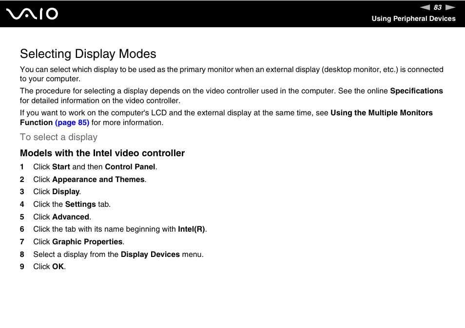 Selecting display modes | Sony VGN-FS775P User Manual | Page 83 / 179
