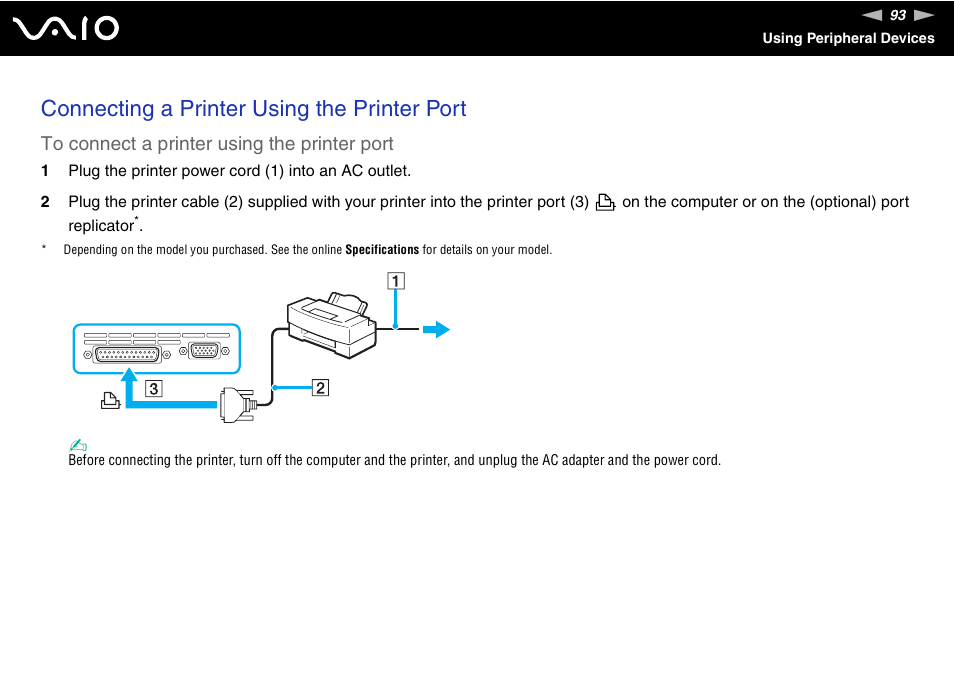 Connecting a printer using the printer port | Sony VGN-FS775P User Manual | Page 93 / 179
