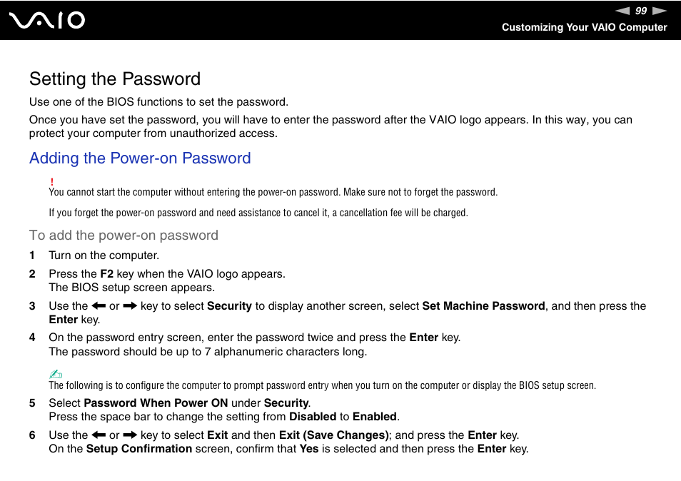 Setting the password, Adding the power-on password | Sony VGN-FS775P User Manual | Page 99 / 179