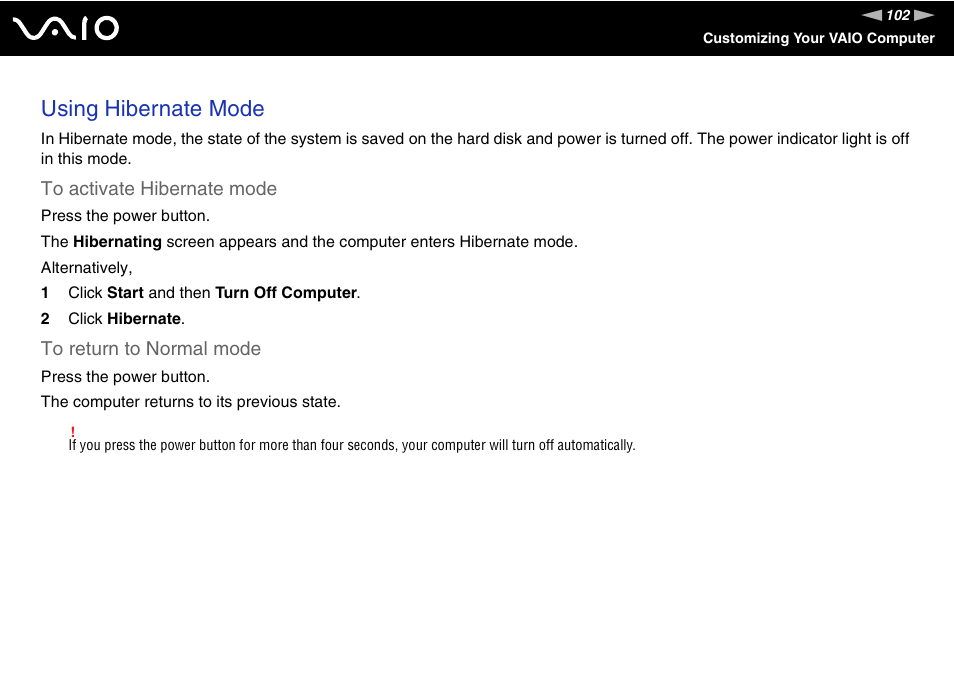 Using hibernate mode | Sony VGC-LS1 User Manual | Page 102 / 168