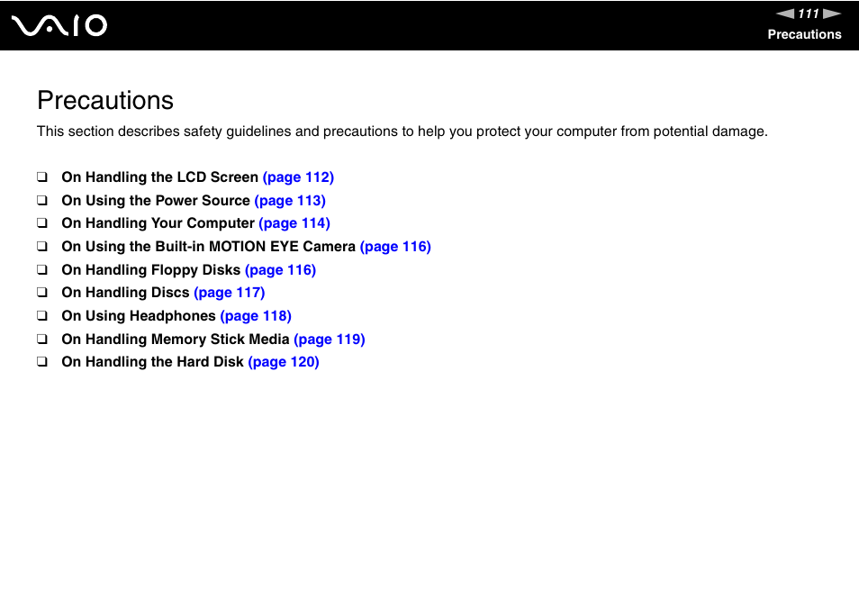Precautions | Sony VGC-LS1 User Manual | Page 111 / 168