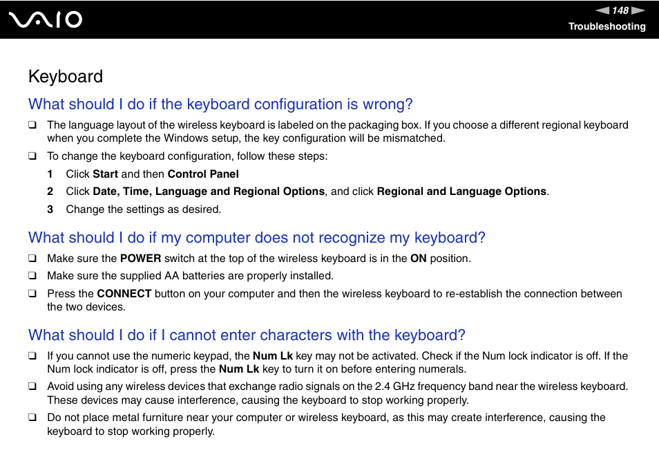 Keyboard | Sony VGC-LS1 User Manual | Page 148 / 168
