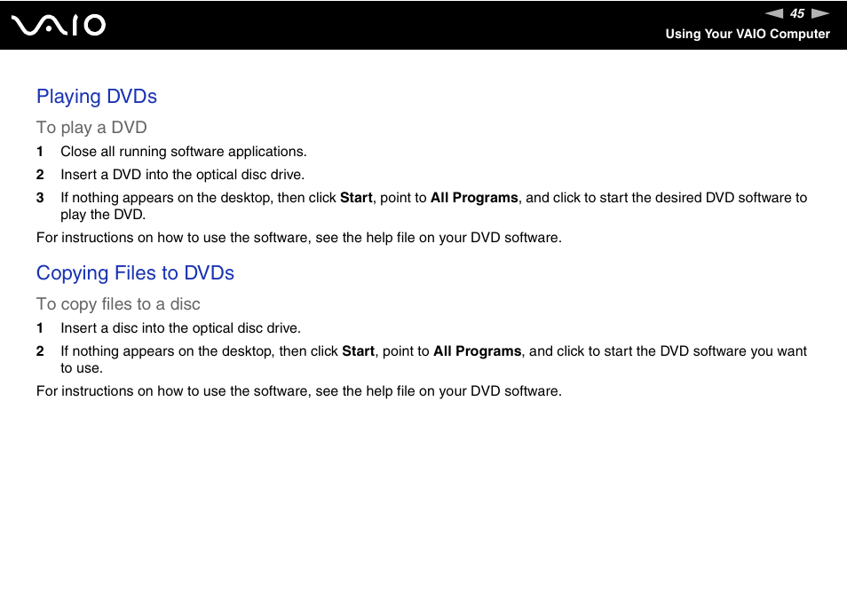 Playing dvds, Copying files to dvds | Sony VGC-LS1 User Manual | Page 45 / 168