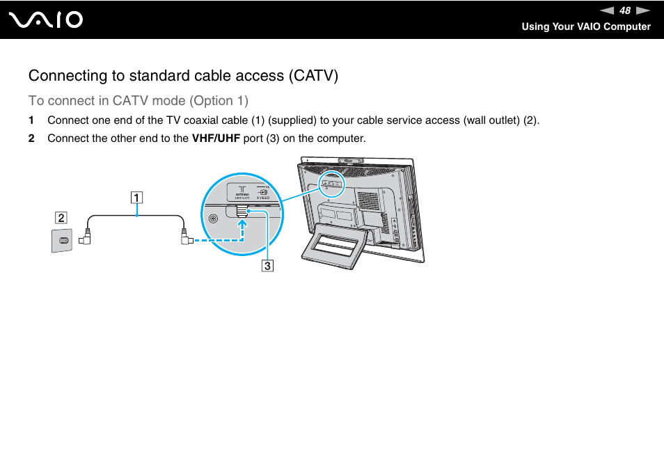 Connecting to standard cable access (catv) | Sony VGC-LS1 User Manual | Page 48 / 168