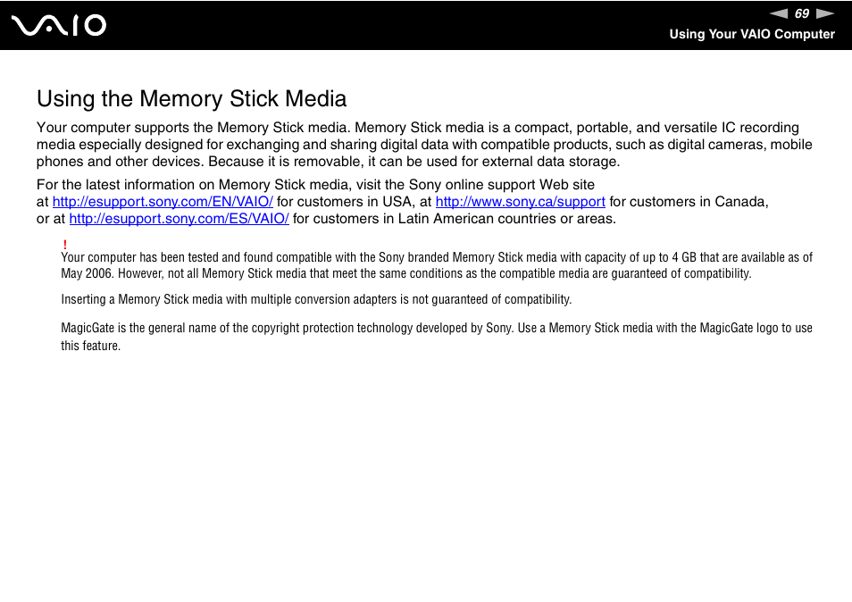 Using the memory stick media | Sony VGC-LS1 User Manual | Page 69 / 168