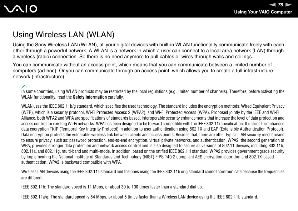 Using wireless lan (wlan) | Sony VGC-LS1 User Manual | Page 78 / 168