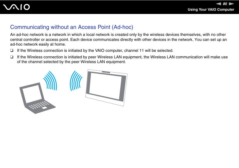Communicating without an access point (ad-hoc) | Sony VGC-LS1 User Manual | Page 80 / 168