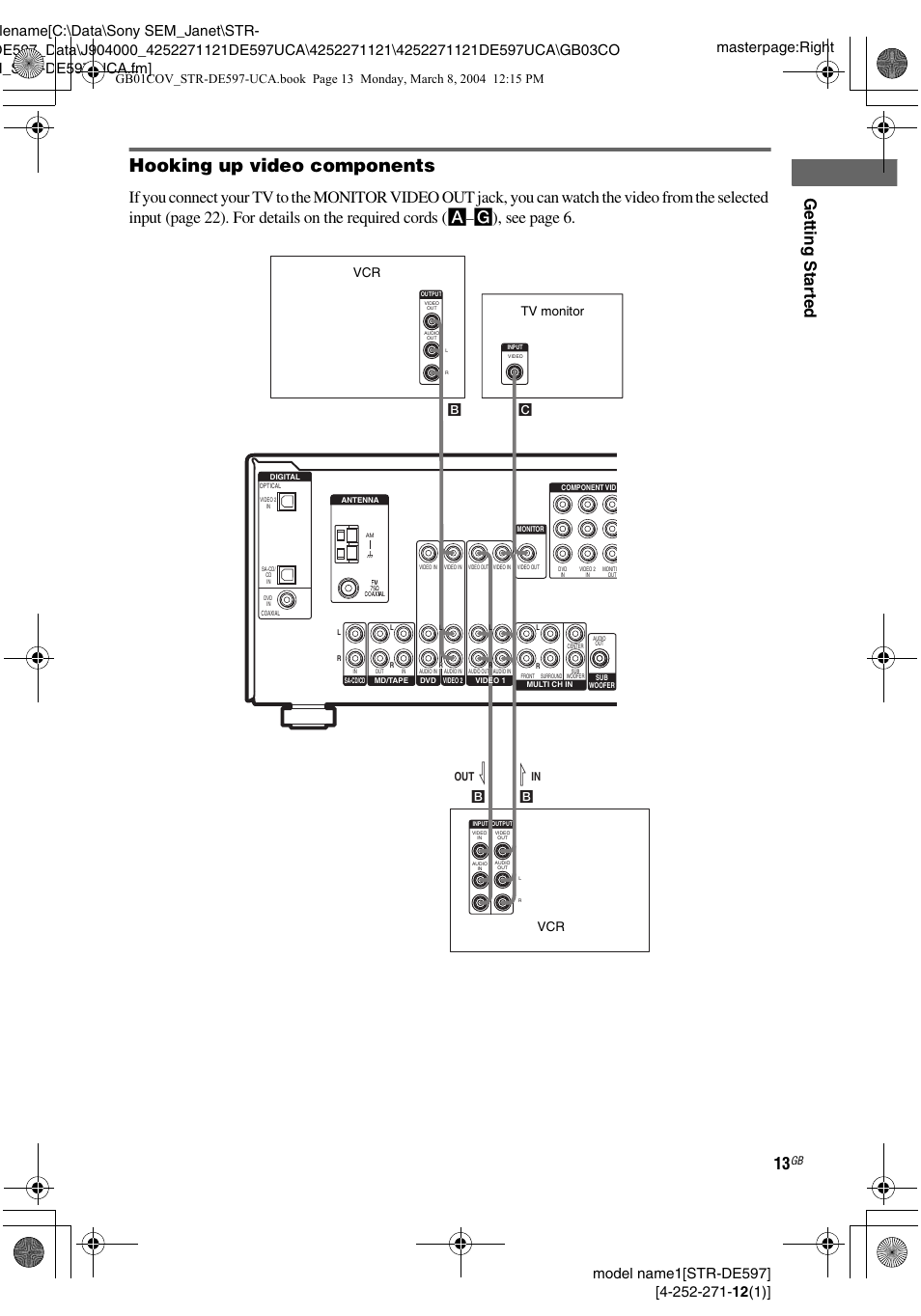 Hooking up video components, Getting star ted, G), see page 6 | Out l b | Sony STR-DE597 User Manual | Page 13 / 56