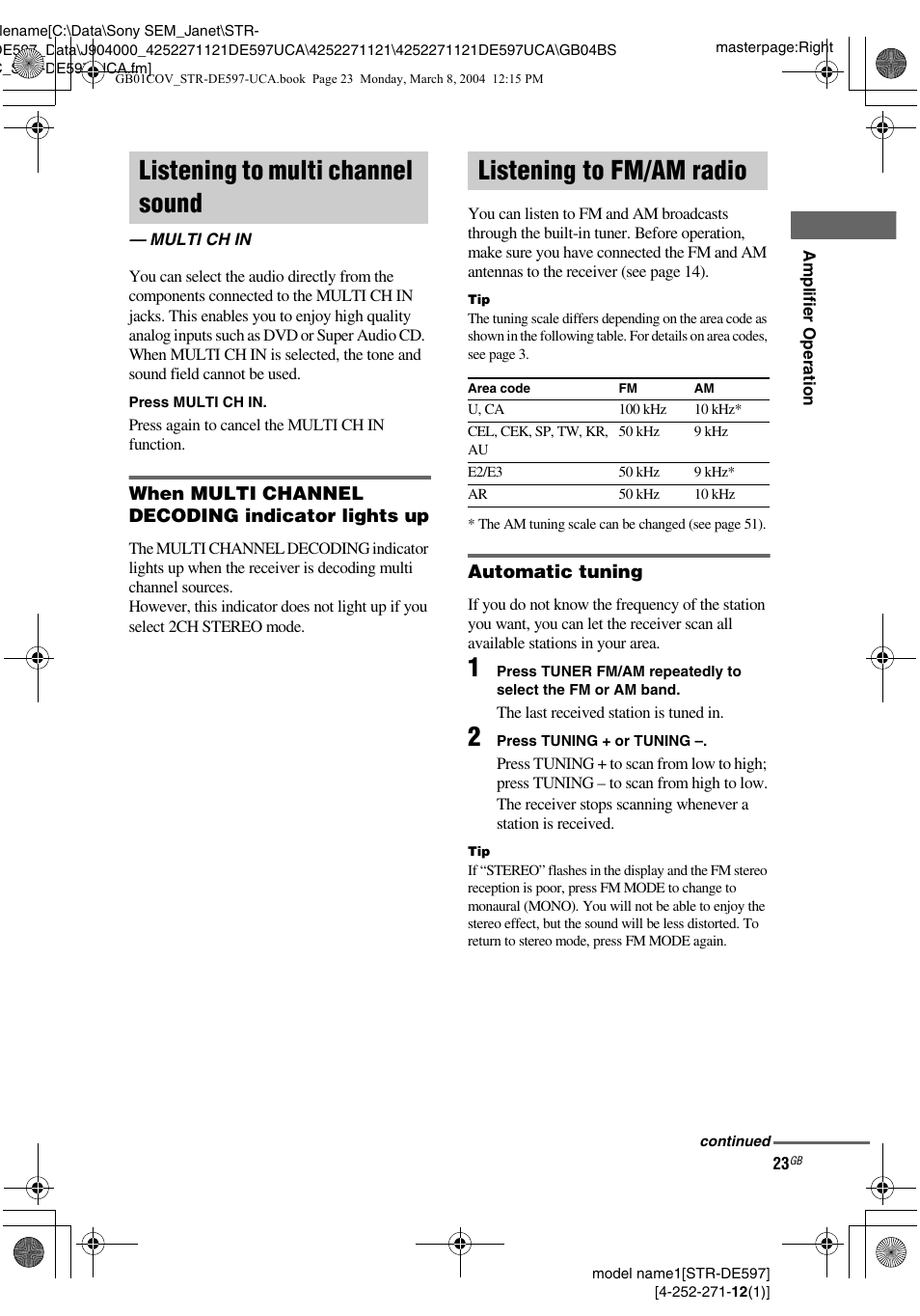 Listening to multi channel sound, Multi ch in, Listening to fm/am radio | Sony STR-DE597 User Manual | Page 23 / 56