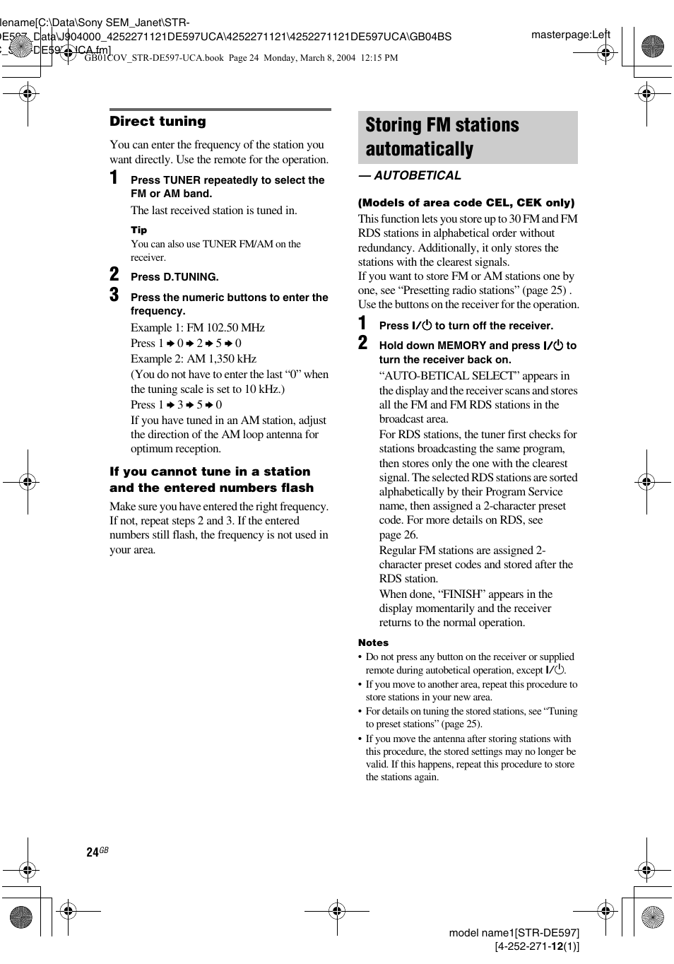 Storing fm stations automatically, Autobetical, Autobetical (models of area code cel, cek only) | Sony STR-DE597 User Manual | Page 24 / 56
