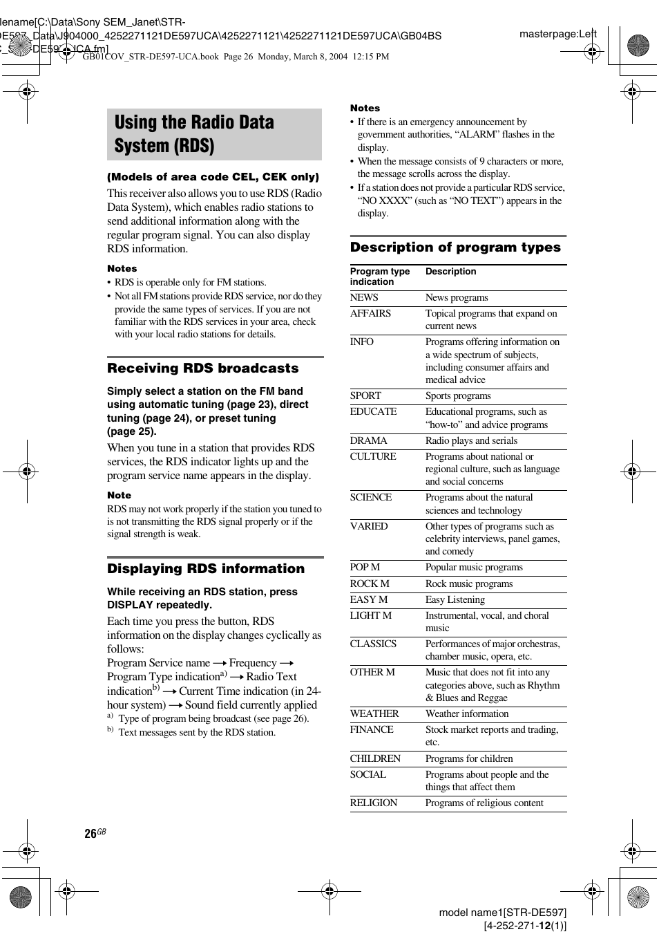 Using the radio data system (rds), Models of area code cel, cek only), Receiving rds broadcasts | Displaying rds information, Description of program types | Sony STR-DE597 User Manual | Page 26 / 56