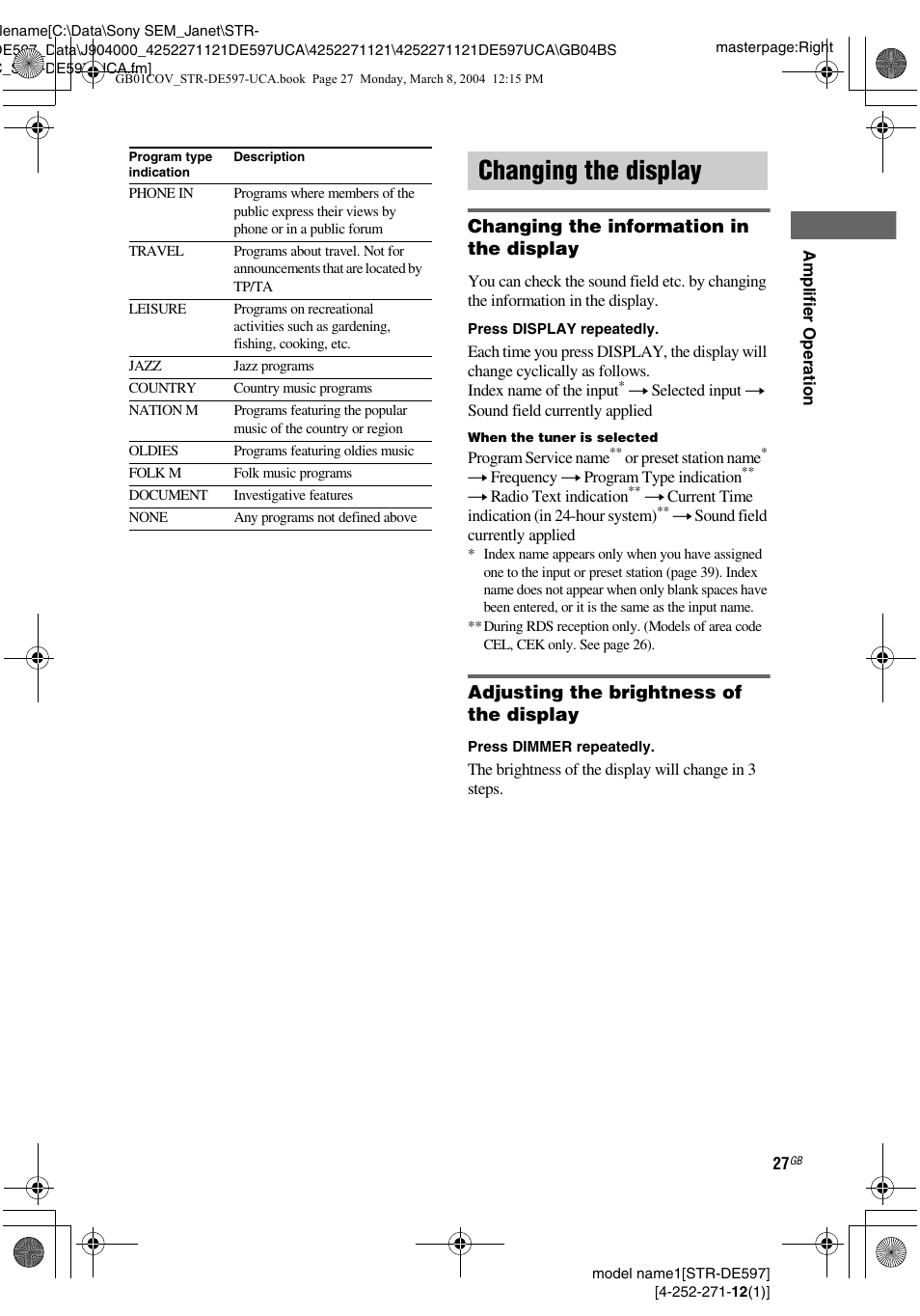 Changing the display | Sony STR-DE597 User Manual | Page 27 / 56