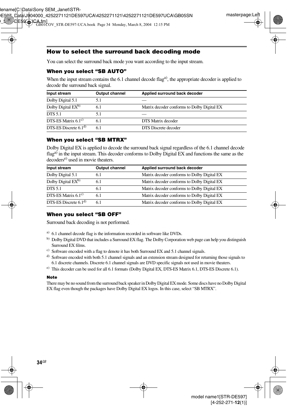 How to select the surround back decoding mode | Sony STR-DE597 User Manual | Page 34 / 56