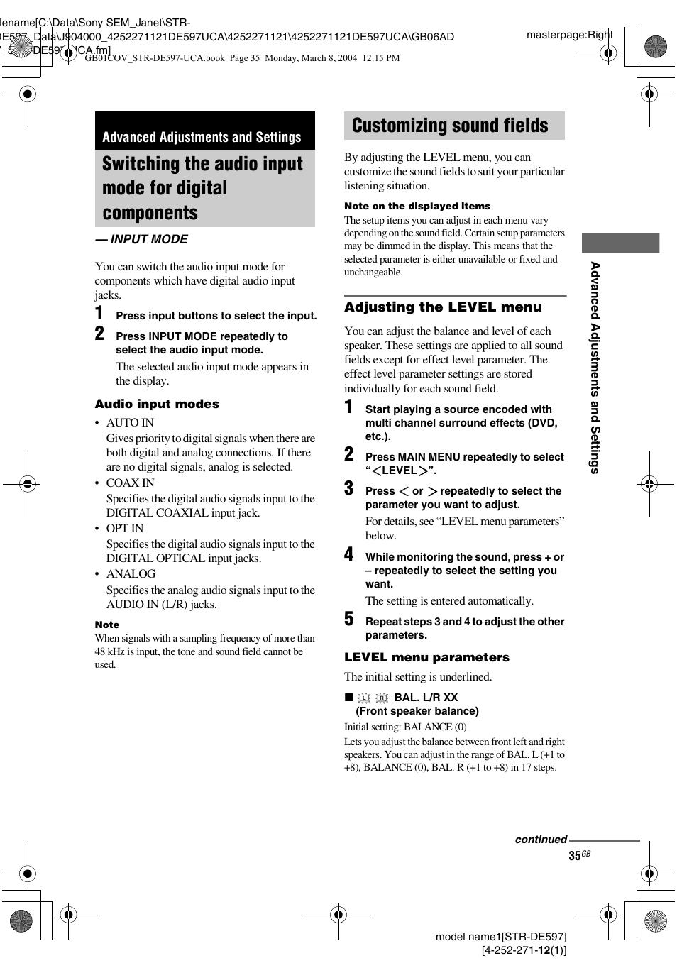 Advanced adjustments and settings, Input mode, Customizing sound fields | Switching the audio input mode for, Digital components — input mode | Sony STR-DE597 User Manual | Page 35 / 56