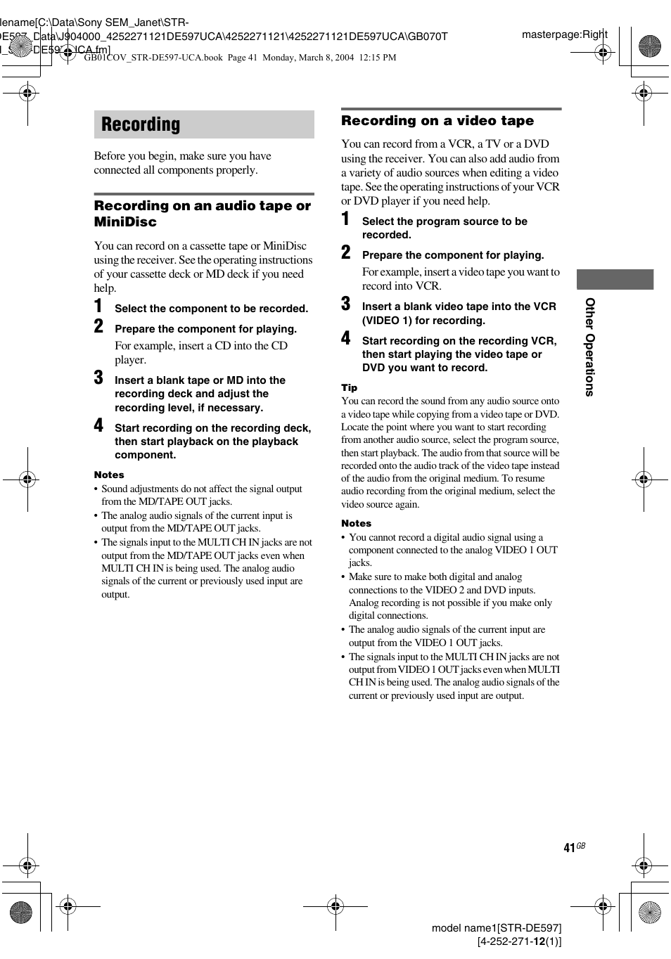 Recording | Sony STR-DE597 User Manual | Page 41 / 56