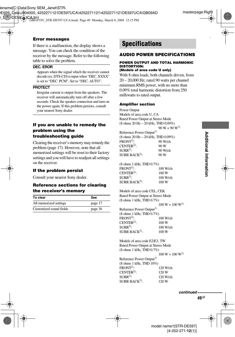 Specifications | Sony STR-DE597 User Manual | Page 49 / 56