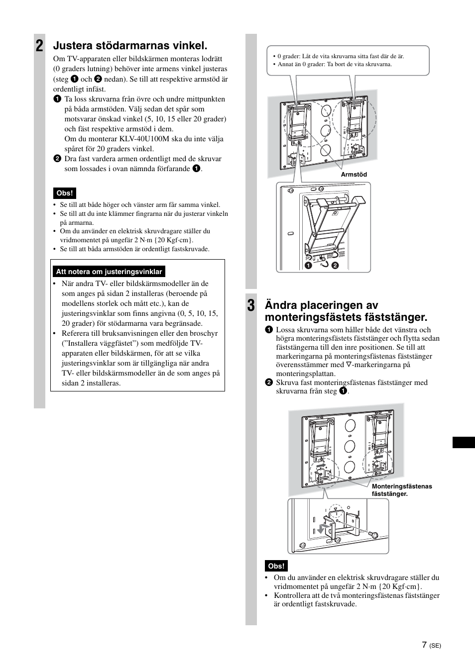 Justera stödarmarnas vinkel, Ändra placeringen av monteringsfästets fäststänger | Sony KDL-46V25L1 User Manual | Page 103 / 112
