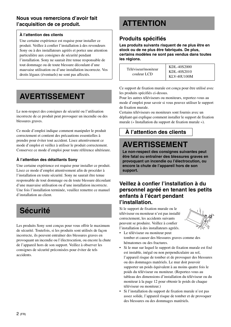 Fr[français, Sécurité, Avertissement | Avertissement sécurité attention, Produits spécifiés, À l’attention des clients | Sony KDL-46V25L1 User Manual | Page 14 / 112