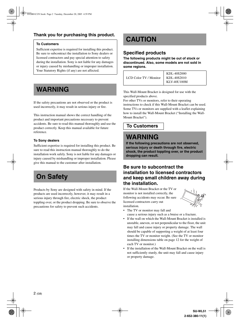 Gb [english, On safety, Warning | Warning on safety caution, Specified products | Sony KDL-46V25L1 User Manual | Page 2 / 112