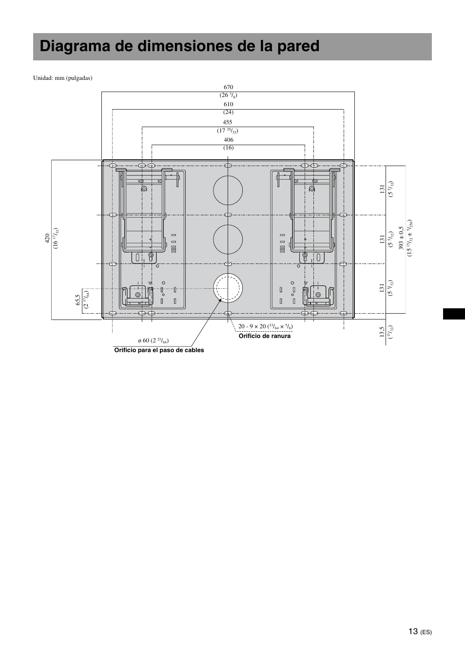 Diagrama de dimensiones de la pared | Sony KDL-46V25L1 User Manual | Page 37 / 112