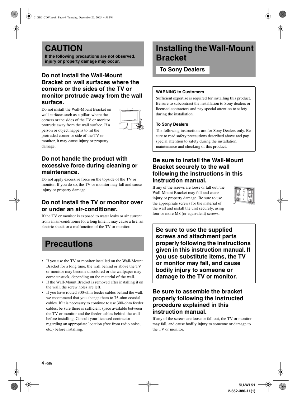 Caution, Precautions, Installing the wall-mount bracket | Precautions installing the wall-mount bracket | Sony KDL-46V25L1 User Manual | Page 4 / 112