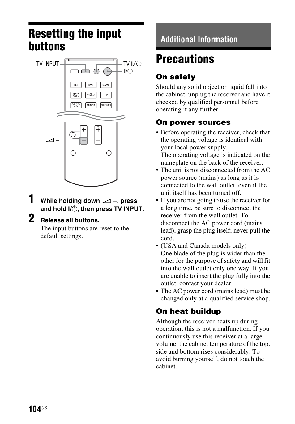 Resetting the input buttons, Additional information, Precautions | Resetting the input buttons 1 | Sony STR-DN840 User Manual | Page 104 / 128