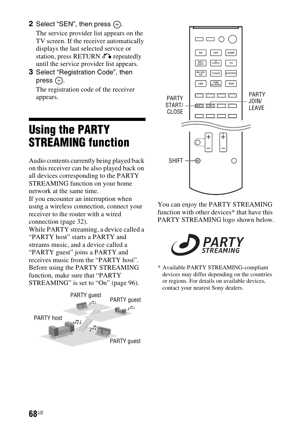 Using the party streaming function, Using the party streaming, Function | Sony STR-DN840 User Manual | Page 68 / 128