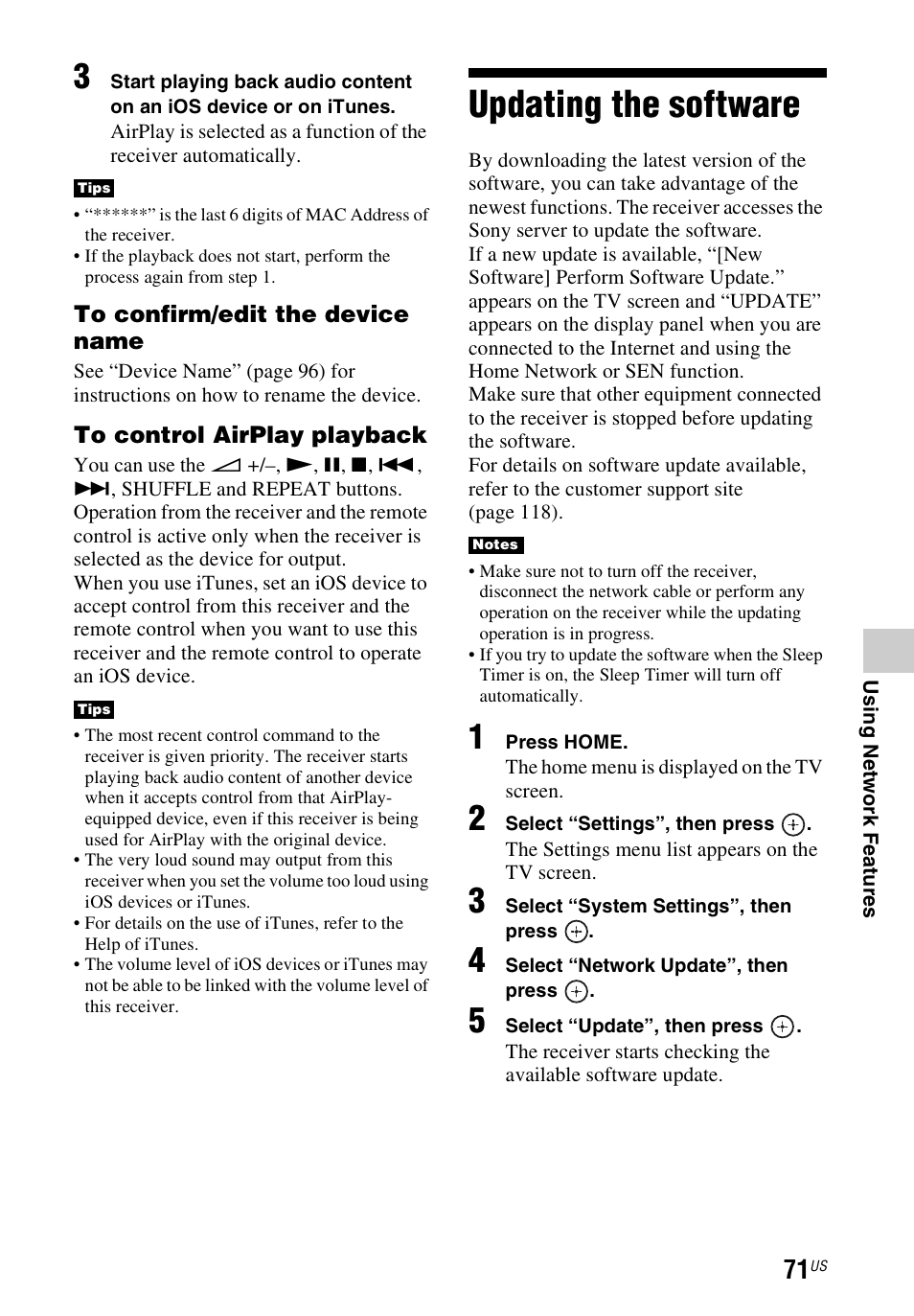 Updating the software | Sony STR-DN840 User Manual | Page 71 / 128