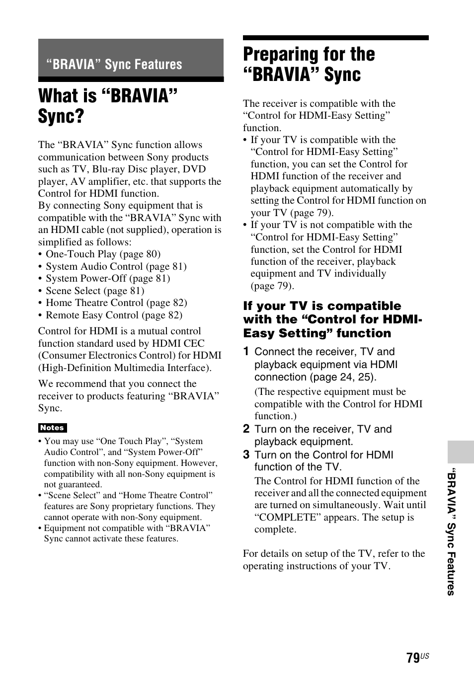 Bravia” sync features, What is “bravia” sync, Preparing for the “bravia” sync | What is “bravia” sync? preparing for the “bravia, Sync | Sony STR-DN840 User Manual | Page 79 / 128