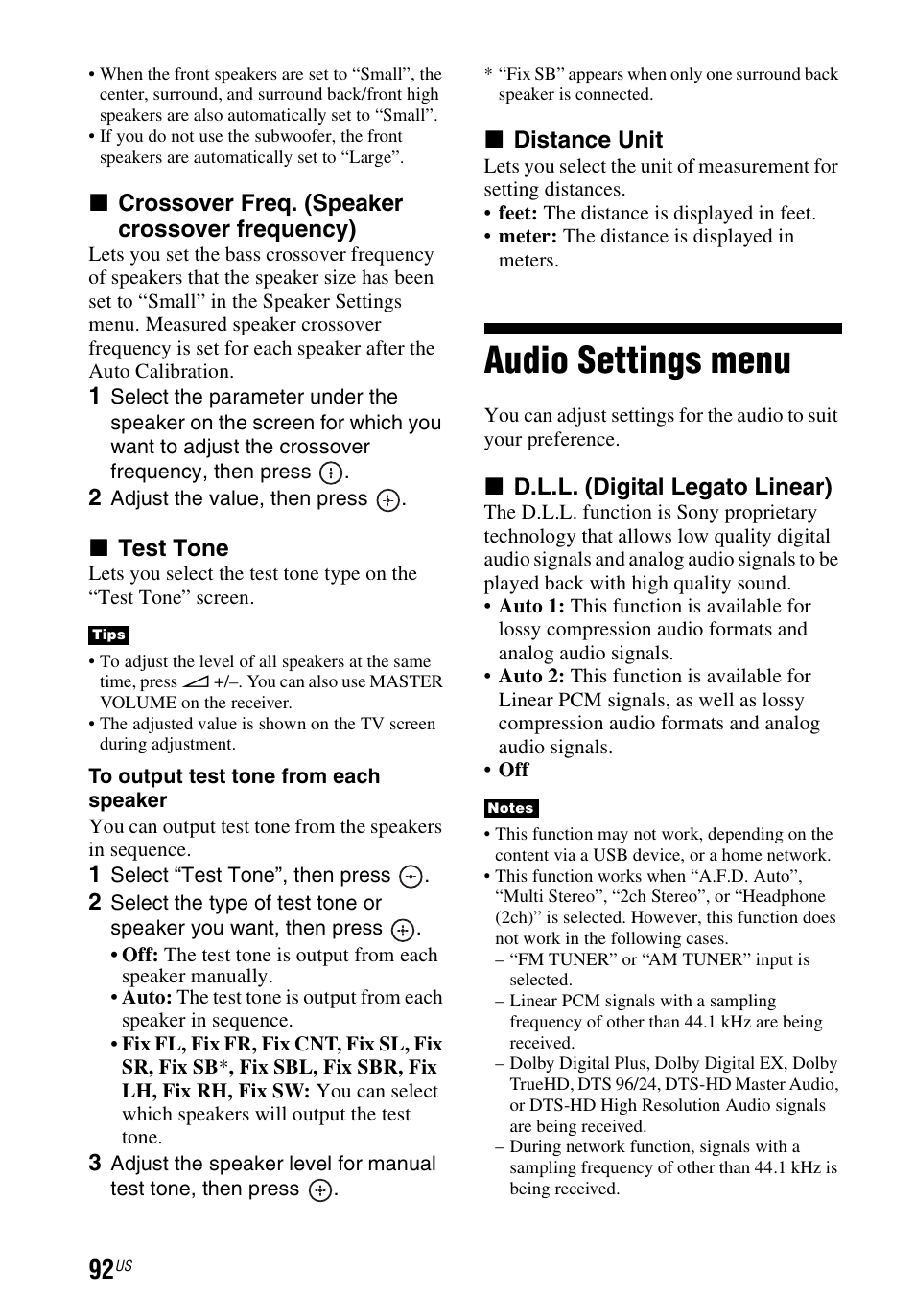Audio settings menu, X crossover freq. (speaker crossover frequency), X test tone | X distance unit, X d.l.l. (digital legato linear) | Sony STR-DN840 User Manual | Page 92 / 128